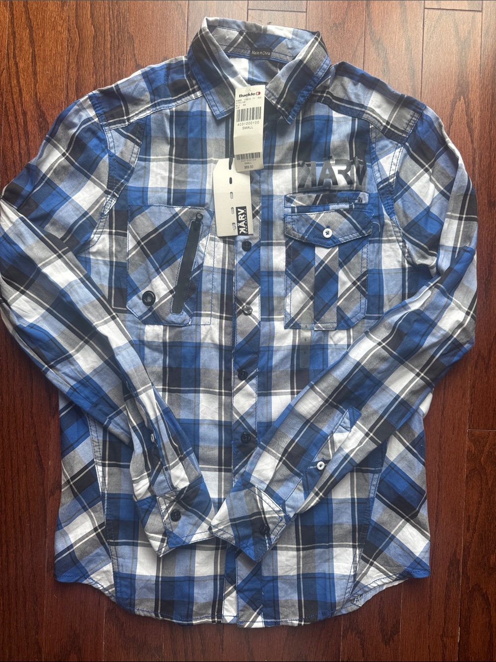 NWT Buckle Men's Blue, Black & White Plaid Button-Down Shirt w/Snaps Size Small